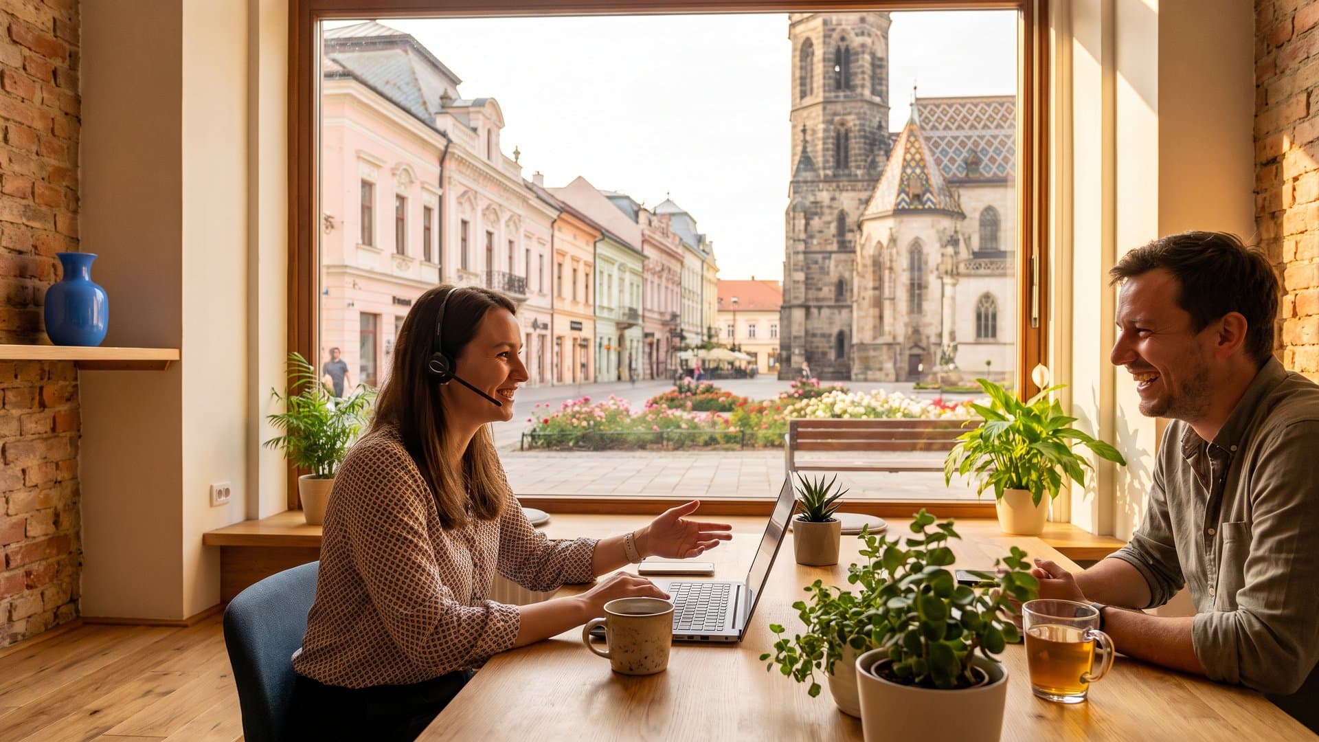Pracovníčka podpory s headsetom s úsmevom pomáha zákazníkovi