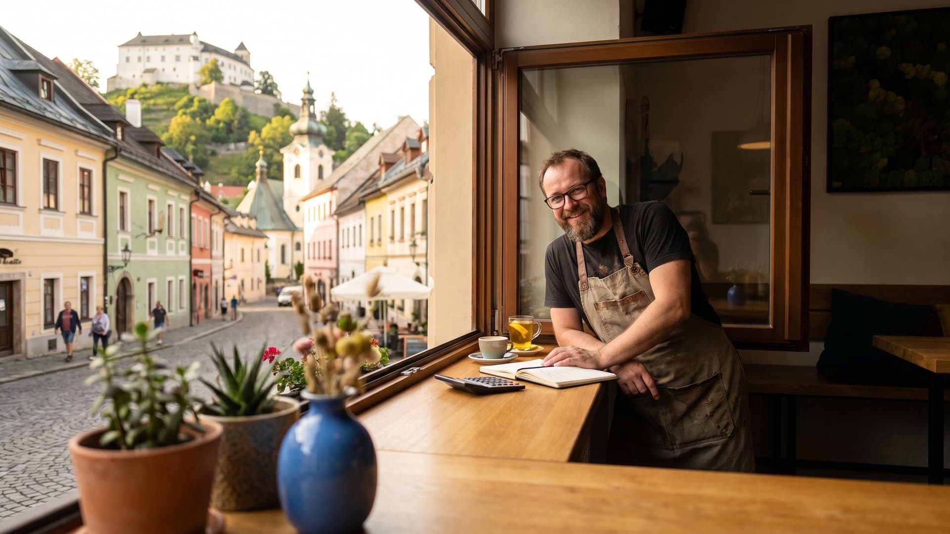 Majiteľ reštaurácie popoludní prepočítava čísla pri bare
