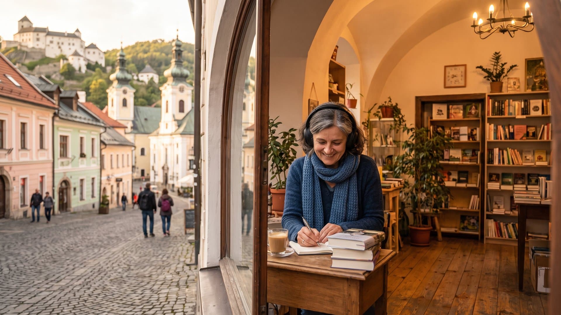 Majiteľ obchodu so slúchadlami pozorne počúva hovor a robí si poznámky