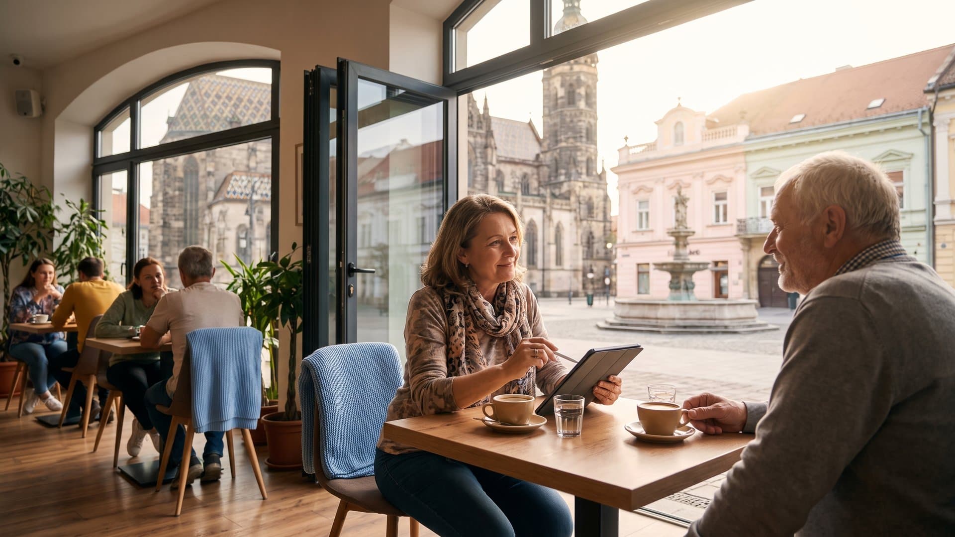 Podnikateľka v kaviarni porovnáva dve možnosti na tablete