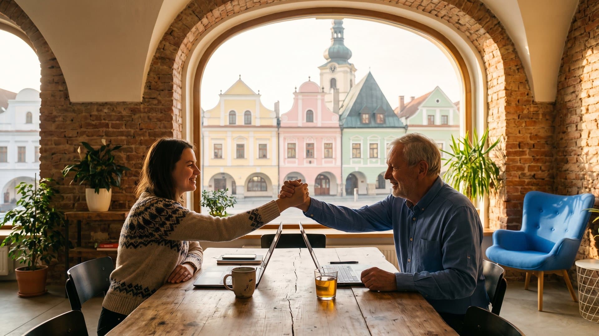 Dvaja majitelia malých firiem si srdečne podávajú ruky v coworkingu